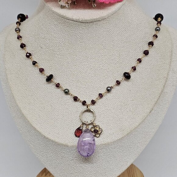 Alexis Bittar 925 Silver Vermeil Amethyst Garnet & Gray Pearl Stones Necklace - Picture 12 of 12